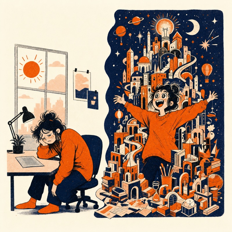 Cartoon: a person slumped over one boring document by day, and the same person joyfully building a glowing city of ideas at 2am