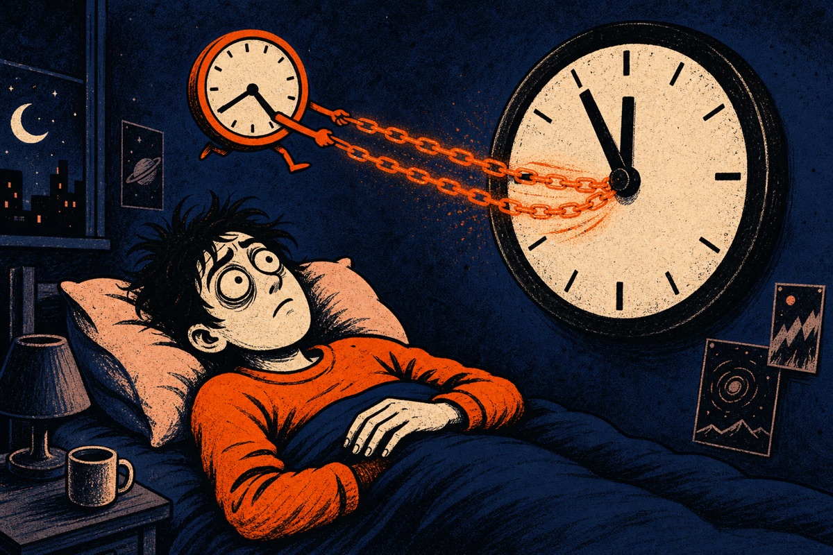 Cartoon: a person lies awake under a giant wall clock while their small orange internal clock, hours behind, drags the hands backward