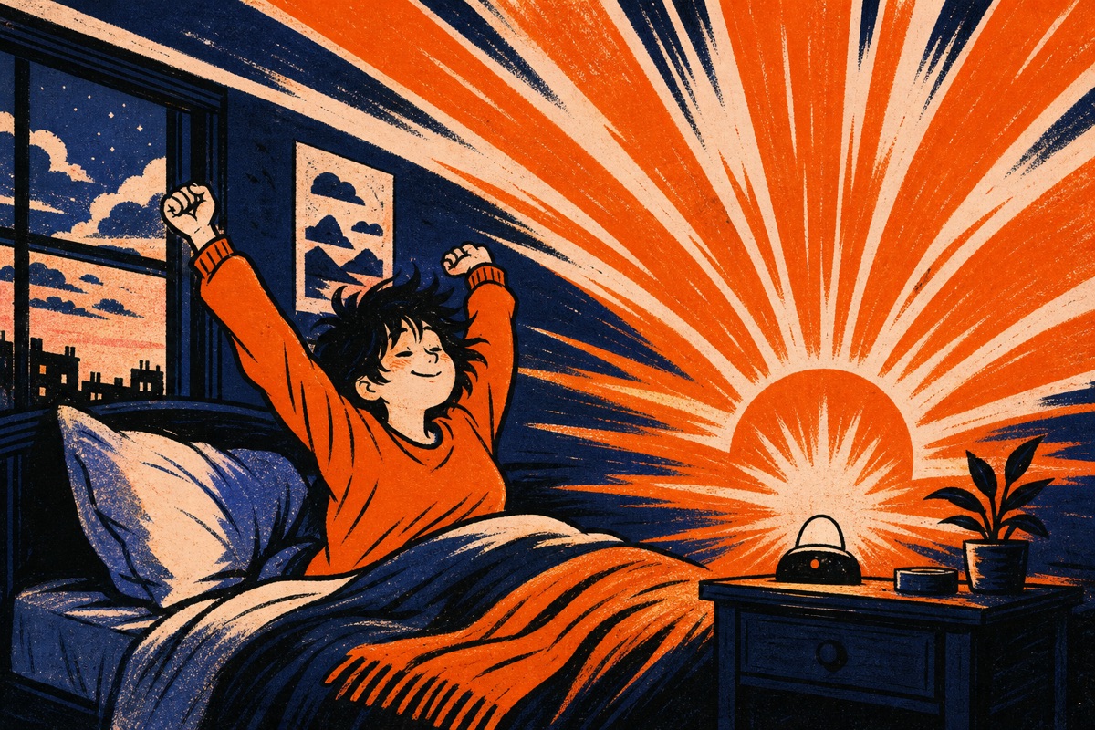 Cartoon: a bedside lamp erupts into a giant sunrise flooding the bedroom with orange light as a person wakes up happily