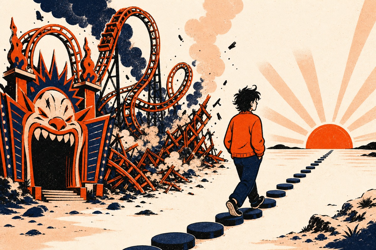 Cartoon: a person walks a flat path of identical indigo stepping stones toward a warm sunrise, calmly passing a spectacular orange rollercoaster whose looping track has collapsed into a smoking heap behind them