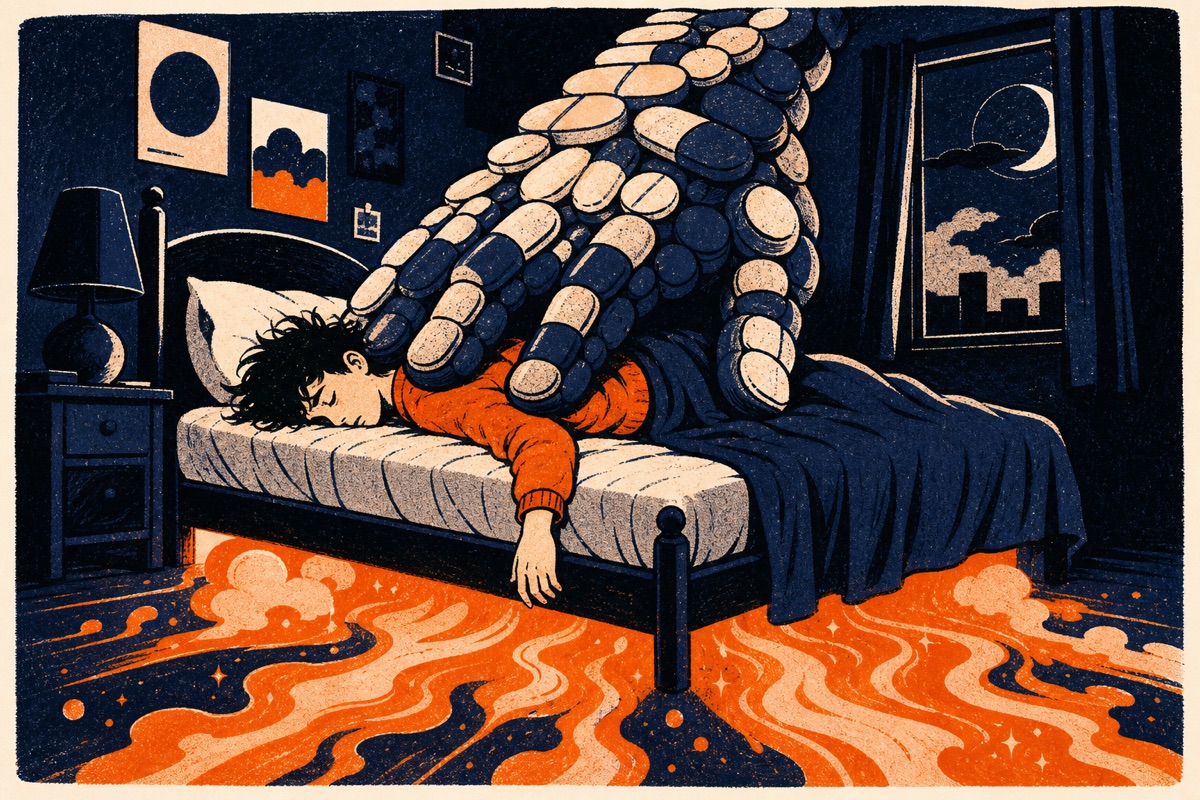 Cartoon: a person lying rigidly unconscious in bed, pressed flat into the mattress by a huge indigo hand made of stacked pills, while the warm orange glow of real restorative sleep drains out from under the bed and spills across the floor