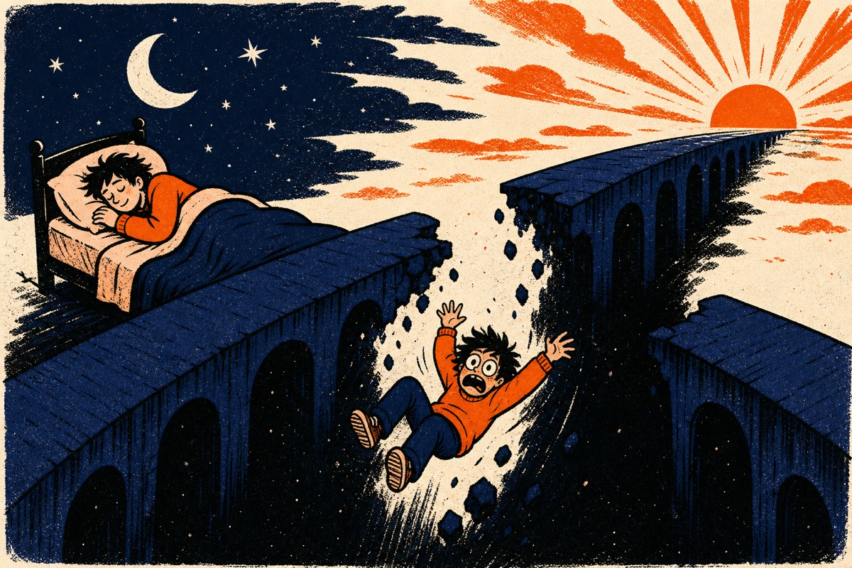 Cartoon: one night drawn as a long indigo bridge from a bed toward a distant sunrise; a sleeper rests on the first section but the bridge breaks off mid-span and they tumble awake into the dark gap, the sunrise unreachable across the break