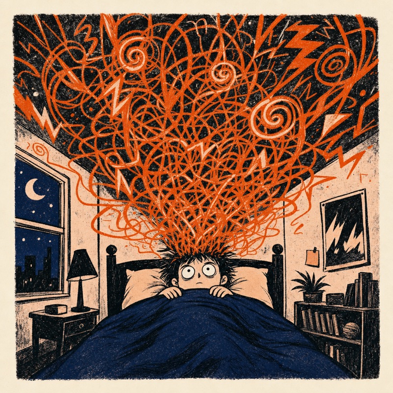 Cartoon: a person wide awake in bed at night while a giant storm of orange scribbles erupts from their head