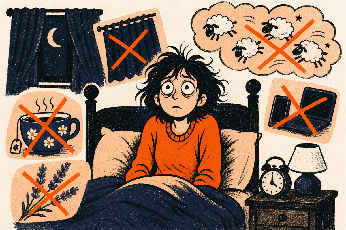 Cartoon: a wide-awake person in bed surrounded by useless sleep-hygiene props — blackout curtains, a 'no screens' sign, chamomile tea, lavender — each crossed out