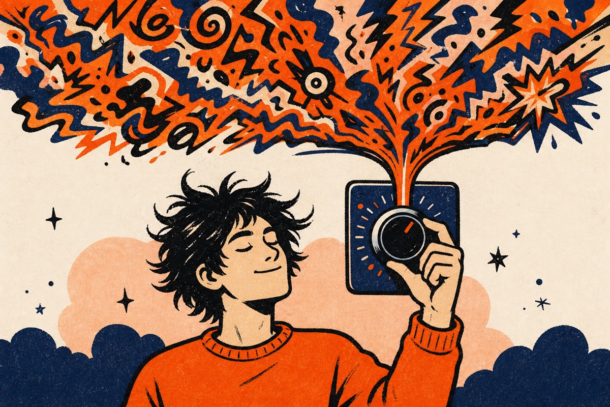 Cartoon: a calm person turning a control dial that channels a chaotic orange stimulation-storm down into a single steady controlled stream