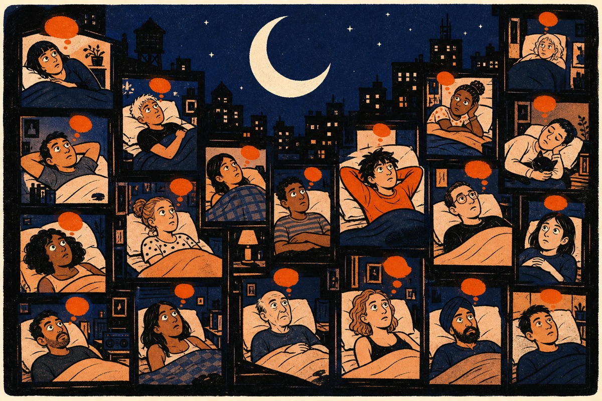 Cartoon: many different people all lying wide awake in their own beds at night under one shared moon, small orange thought-glows above each head