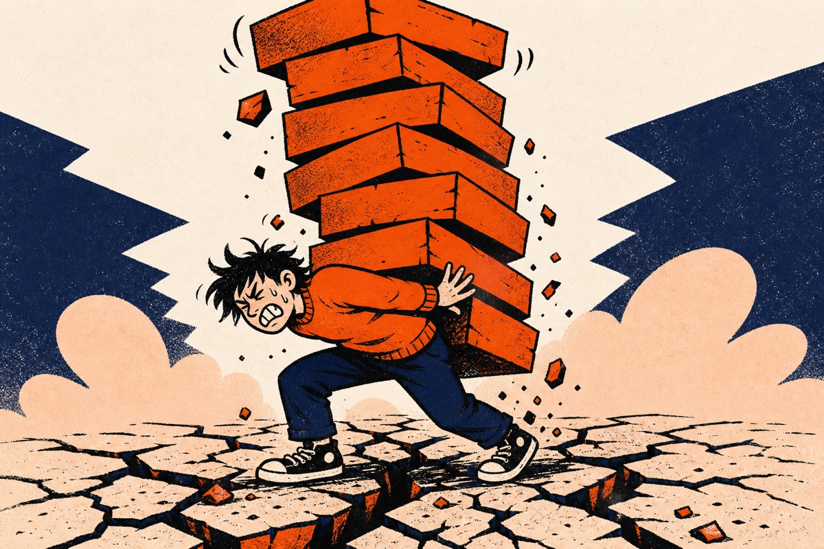Cartoon: a person staggering under a giant wobbling tower of orange blocks stacked on their back, the ground already cracked beneath