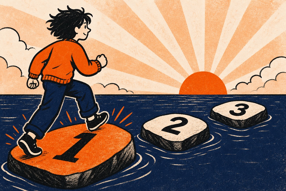 Cartoon: three big numbered stepping stones across calm water leading to a sunrise, a person confidently stepping onto glowing stone number one