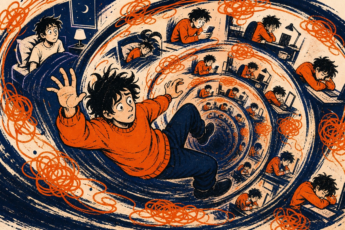 Cartoon: a person tumbling down a descending spiral of orange thought-scribbles into indigo depths, with faint repeats of themselves waking at 3am, scrolling, and slumping exhausted by day
