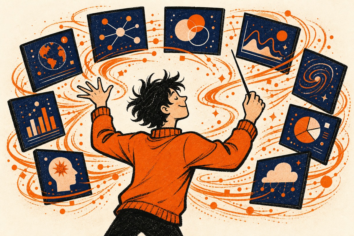 Cartoon: a person conducting eight floating screens like an orchestra, streams of ideas swirling between them