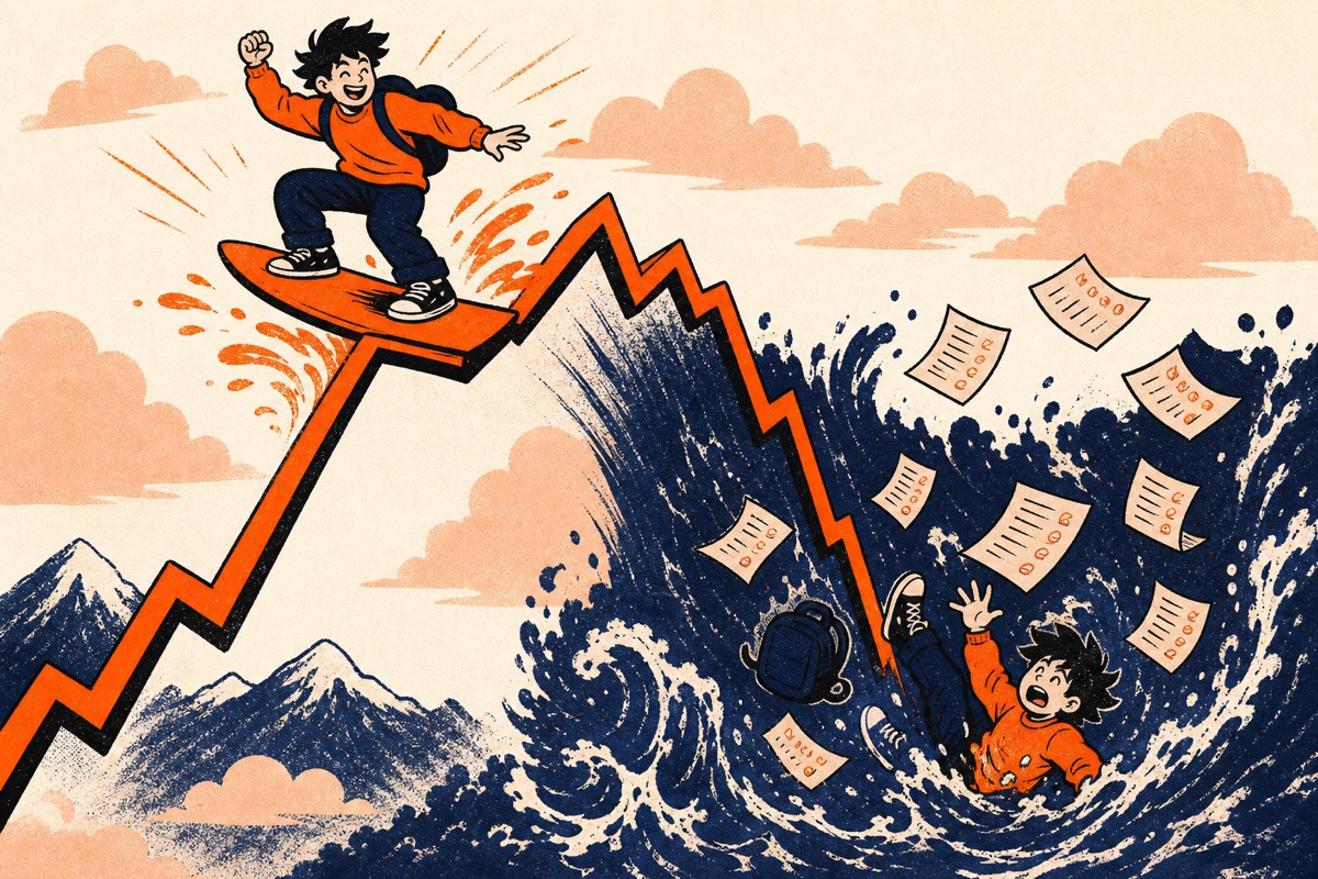 Cartoon: a student surfing the first soaring crest of a chart line, which then plunges into churning depths with report cards falling like leaves