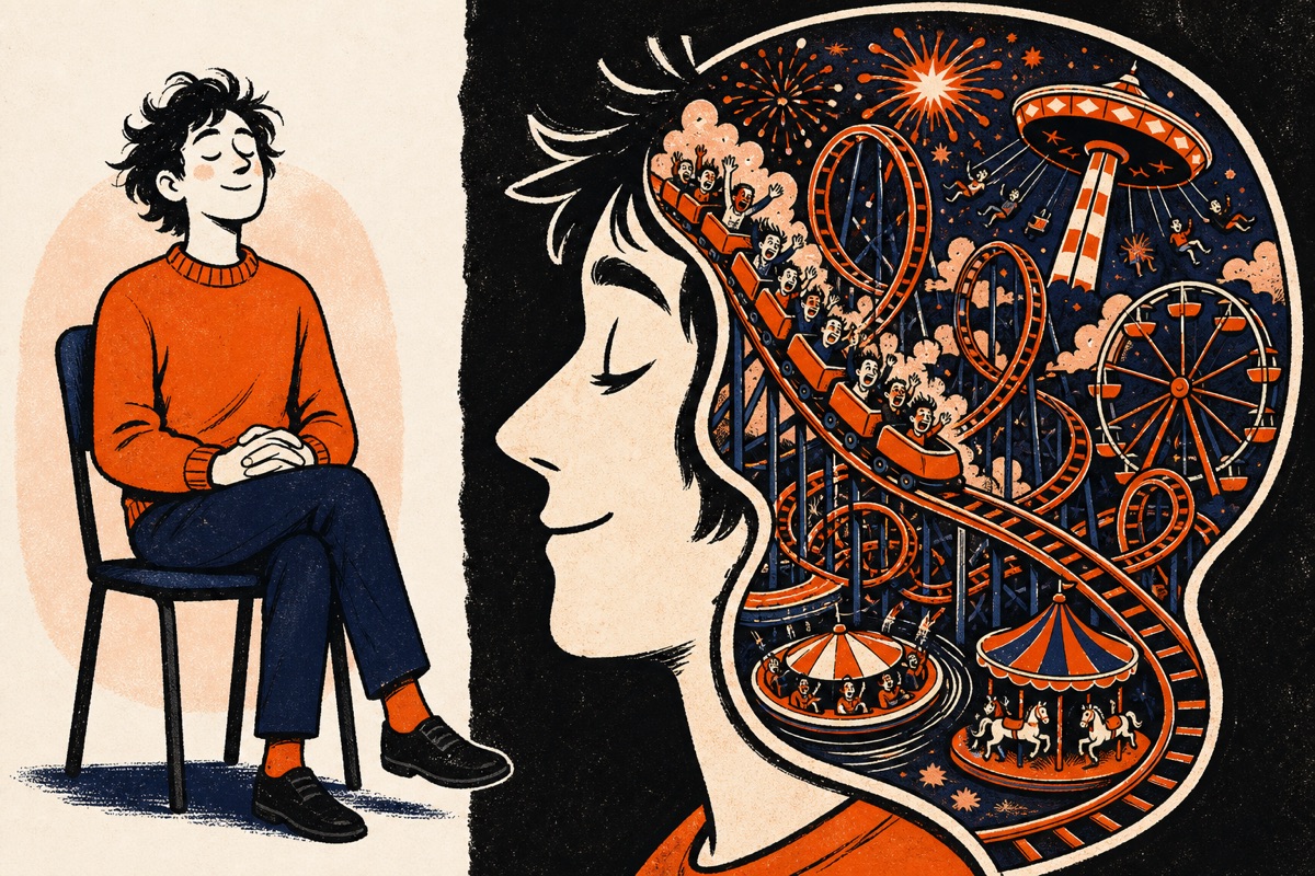 Cartoon split image: a person sitting perfectly still, and an x-ray view of their head containing a full amusement park running at top speed