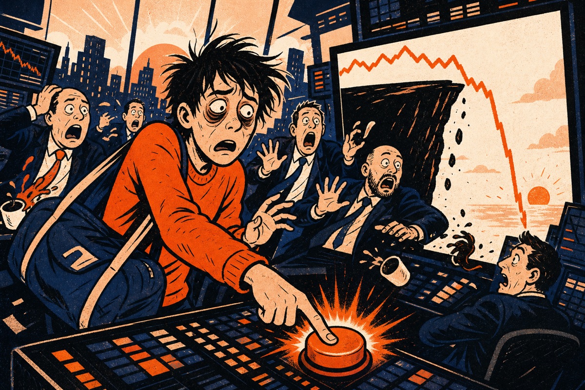 Cartoon: an exhausted trader with a gym bag presses one giant wrong button as the chart on the monitor plunges off a cliff and coworkers gasp