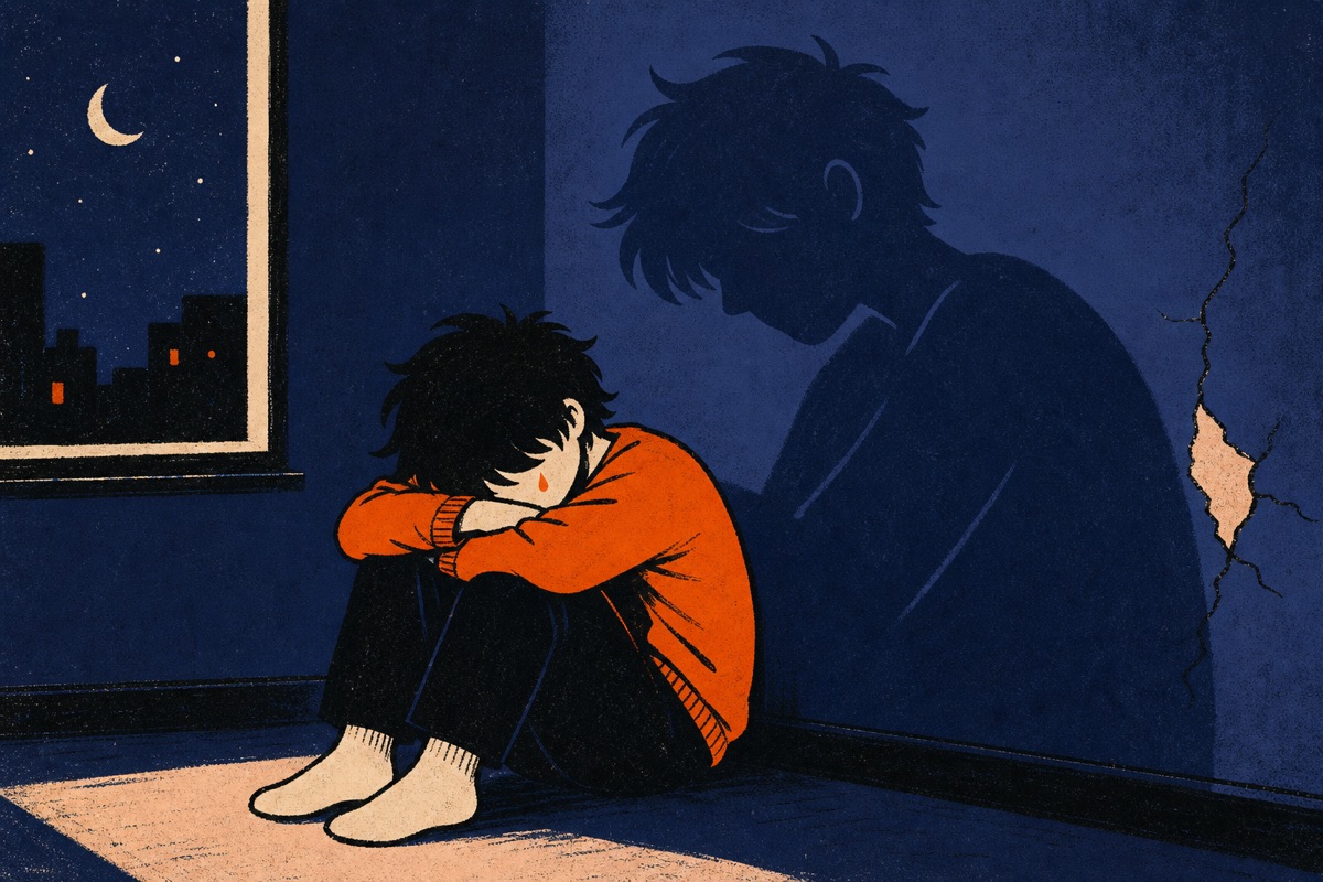 Cartoon: a person sitting alone on the floor at night, head bowed, a huge shadow of themselves on the wall behind, a small crack in the plaster